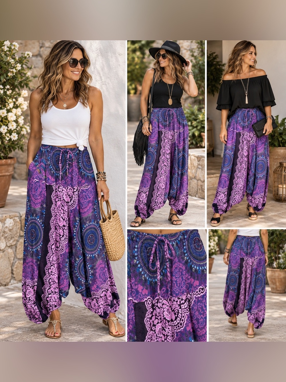 Boho Wide-Leg Harem Pants in Purple Paisley
